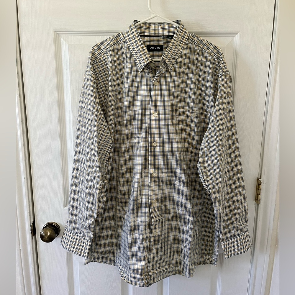 Orvis Men's Yellow and Blue Plaid Button-Down Shirt